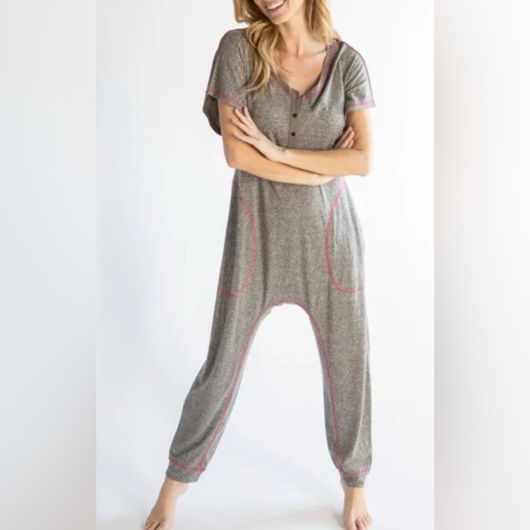 Natural Life Oversized Romper Baggy Slouchy knit V Neck Boho Heather Gray Size M - Picture 1 of 15